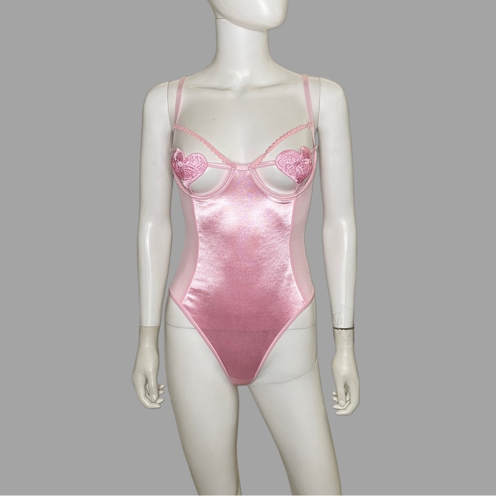 Pink Heart‎ Cut Out Satin and Mesh Women's Bodysuit